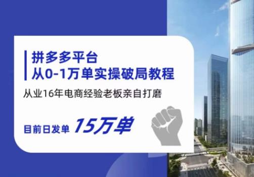 拼多多从0-1万单实操破局教程，从业16年电商经验打磨，目前日发单15万单-网创资源社