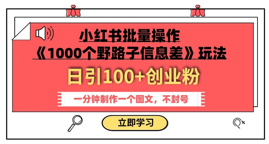 小红书批量操作《1000个野路子信息差》玩法，一分钟制作一个图文，不封号，日引100+创业粉-网创资源社