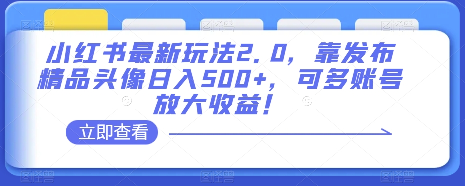 小红书最新玩法2.0，靠发布精品头像日入500+，可多账号放大收益！【揭秘】-网创资源社