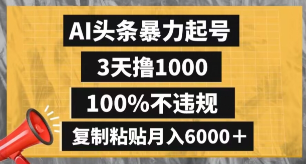 AI头条暴力起号，3天撸1000,100%不违规，复制粘贴月入6000＋【揭秘】-网创资源社