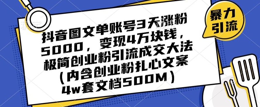 抖音图文单账号3天涨粉5000，变现4万块钱，极简创业粉引流成交大法-网创资源社