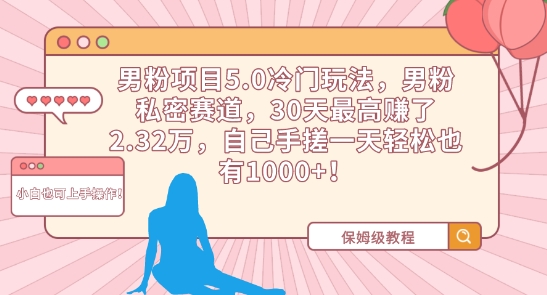 男粉项目5.0冷门玩法，男粉私密赛道，30天最高赚了2.32万，自己手搓一天轻松也有1000+【揭秘】-网创资源社