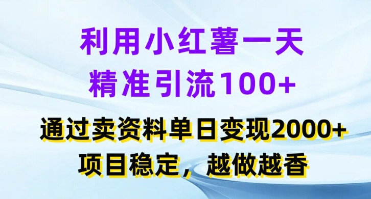 利用小红书一天精准引流100+，通过卖项目单日变现2k+，项目稳定，越做越香【揭秘】-网创资源社