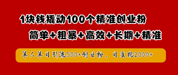 1块钱撬动100个精准创业粉，简单粗暴高效长期精准，单人单日引流500+创业粉，日变现2k【揭秘】-网创资源社