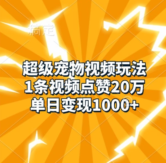 超级宠物视频玩法，1条视频点赞20万，单日变现1k-网创资源社